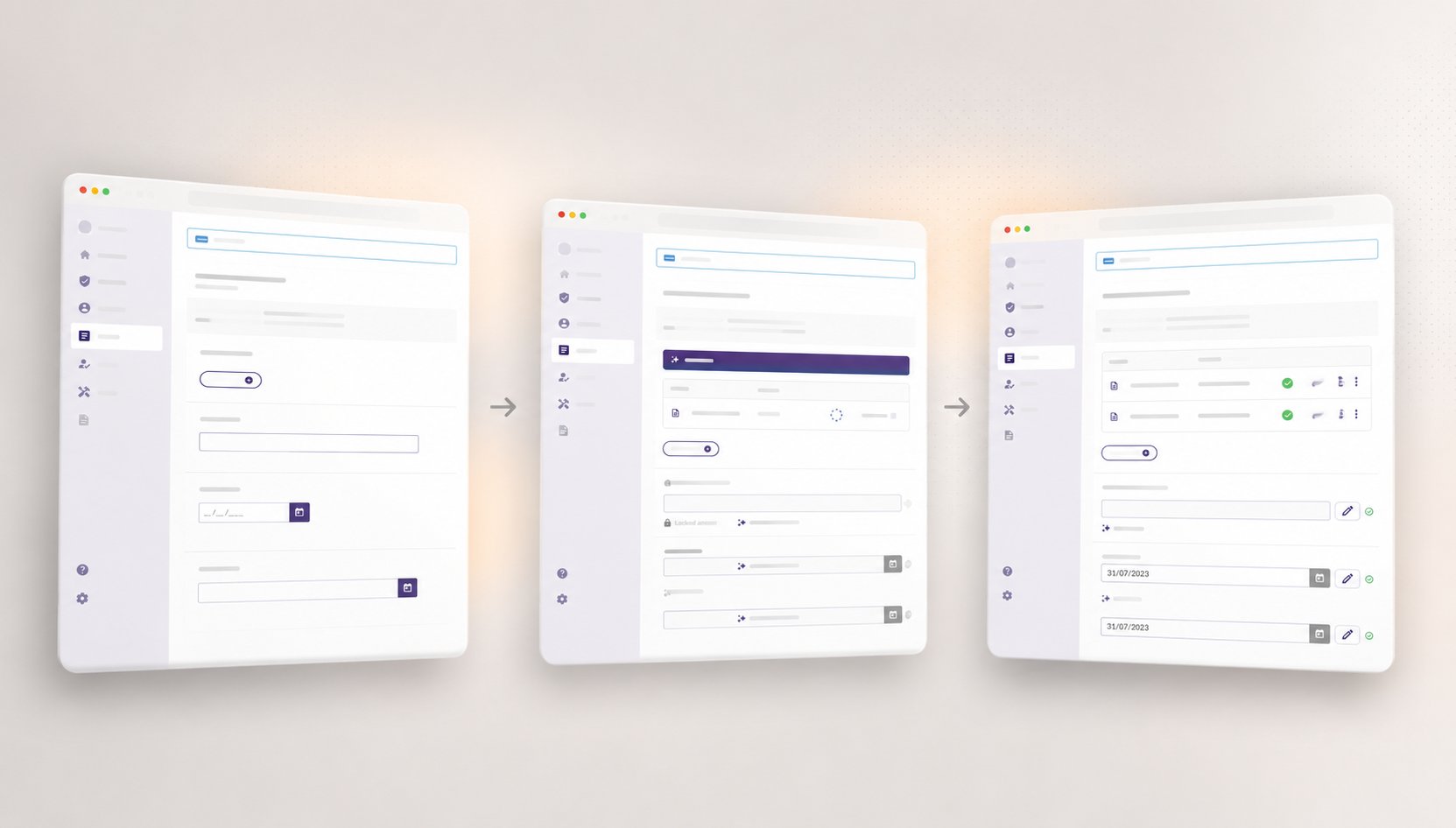 Three interface screens showing the supplier flow from document upload to extracted answers ready for review