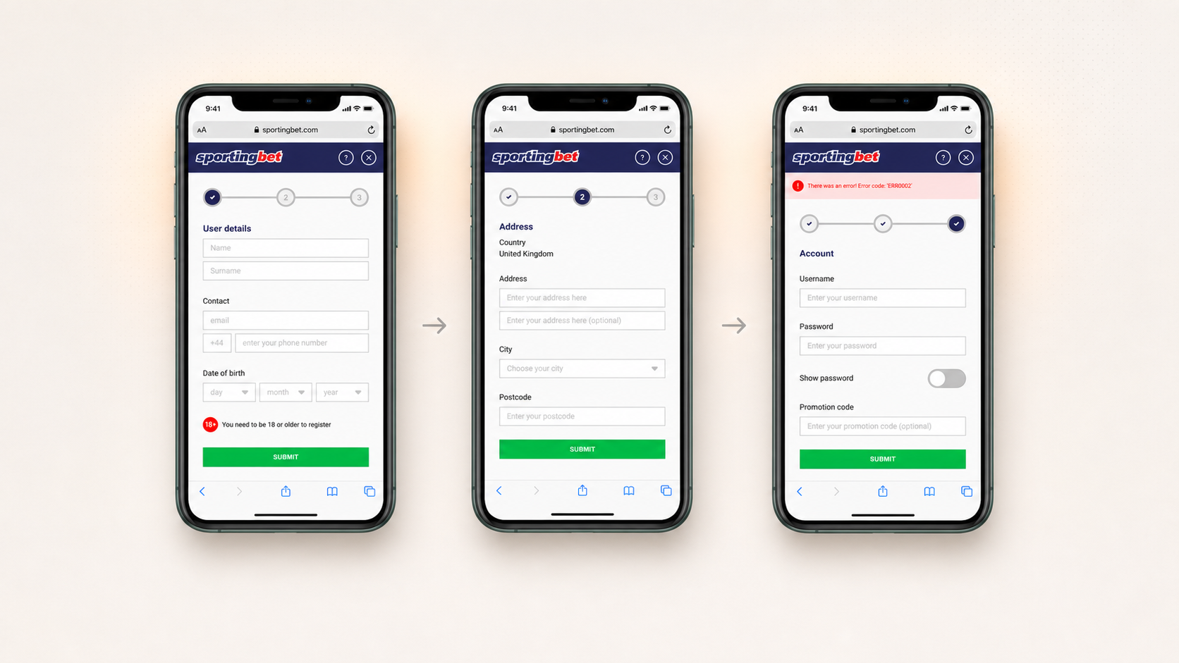 Three mobile screens of the registration flow: user details, address, and account